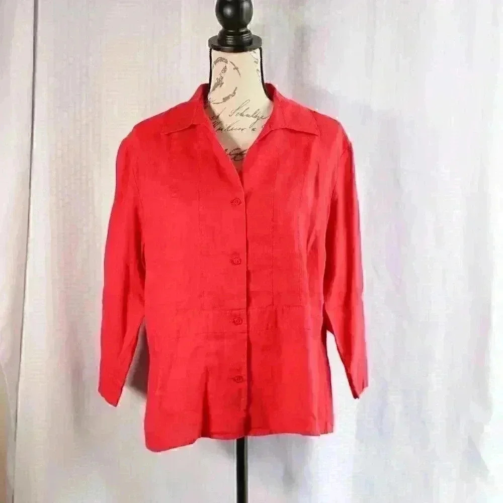 Covington Size XL 100% Linen red blouse jacket 3/4 sleeve button